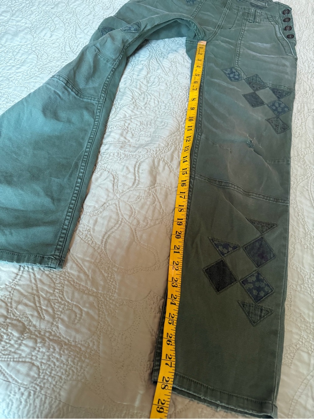 Pilcro Wanderer Patchwork Overalls Green Utility Bib Size 25 Anthropologie Boho - Picture 13 of 16